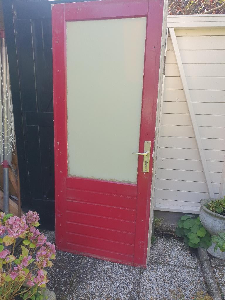 Maranti Hardhouten zware deur met glas, Doe-het-zelf en Verbouw, Deuren en Horren, Gebruikt, Buitendeur, 200 tot 215 cm, 80 tot 100 cm