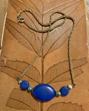 Vintage goudkleur verguld schakelketting collier blauw steen beschikbaar voor biedingen