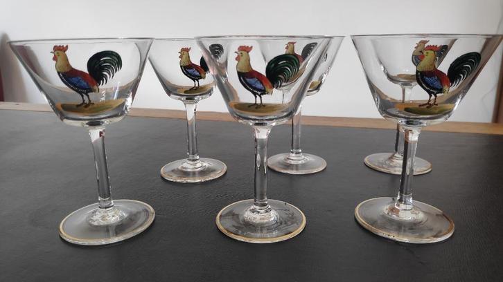 6 coctail/martini glaasjes, handbeschilderd met haan, 1950, Verzamelen, Glas en Borrelglaasjes, Zo goed als nieuw, Overige typen