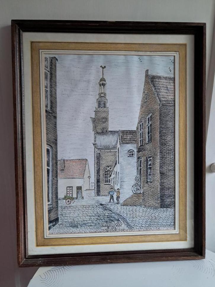 Kloosterwerf Waalwijk 1919 - Ingelijste Tekening, Antiek en Kunst, Kunst | Tekeningen en Foto's, Ophalen of Verzenden