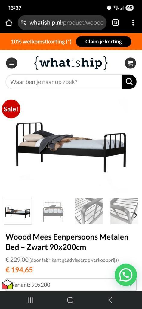 Woood Mees Eenpersoonsbed Metaal Zwart 90x200, Huis en Inrichting, Slaapkamer | Bedden, Zo goed als nieuw, Eenpersoons, 90 cm