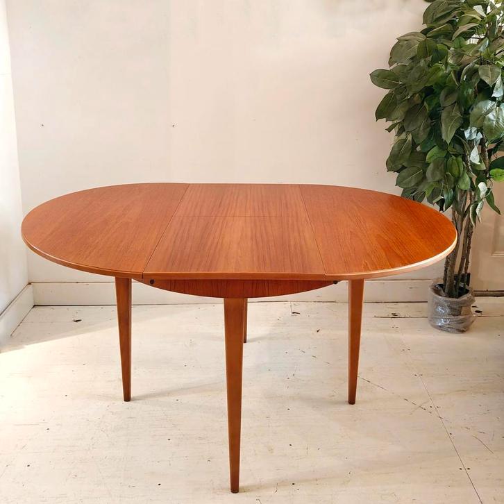 Vintage ronde uitschuifbare eettafel teak - goede staat, Huis en Inrichting, Tafels | Eettafels, Zo goed als nieuw, 100 tot 150 cm