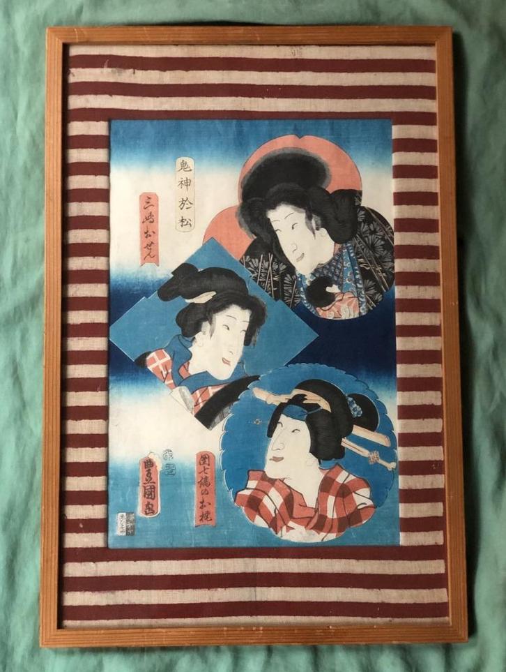 Japanse houtsnede in lijst Utagawa Kunisada, Antiek en Kunst, Kunst | Niet-Westerse kunst, Ophalen of Verzenden