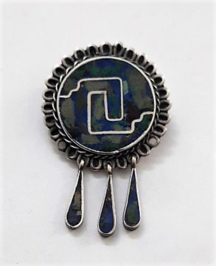 Prachtige cloisonne Azteken broche, hanger 925 Mexico, Sieraden, Tassen en Uiterlijk, Broches, Gebruikt, Zilver, Zilver, Ophalen