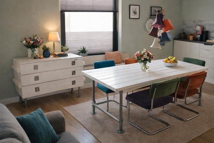 Eettafel set met eetbank , kleurrijke stoelen + ladekast, Huis en Inrichting, Complete eetkamers, Gebruikt, 4 tot 6 stoelen, Ophalen of Verzenden