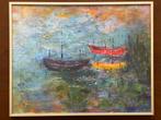 Kleurrijk schilderij olieverf of acryl 3 bootjes op een meer, Antiek en Kunst, Ophalen