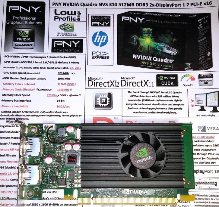 PNY NVIDIA Quadro NVS 310 512MB DDR3 Low Profile PCI-E DX12, Computers en Software, Videokaarten, Zo goed als nieuw, Nvidia, PCI-Express 2.1