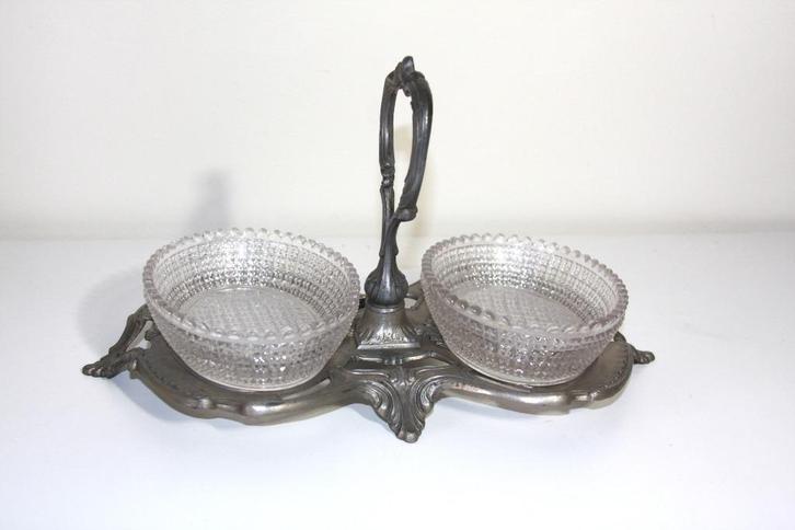 Kristallen bonbonschaaltjes in tinnen houder Art Nouveau, Antiek en Kunst, Antiek | Tin, Ophalen
