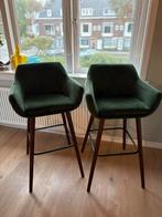 Vintage Groene Velvet Barkrukken - Set van 2, Huis en Inrichting, Barkrukken, Ophalen, Met voetsteun, 60 tot 90 cm, Zo goed als nieuw