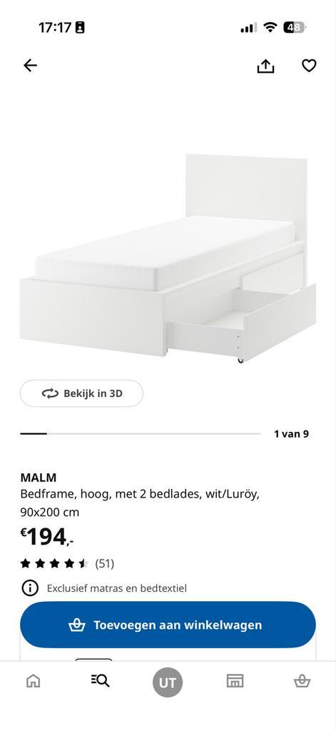 Ikea Malm Bedframe 90x200, Huis en Inrichting, Slaapkamer | Bedden, Zo goed als nieuw, Eenpersoons, 90 cm, 200 cm, Hout, Wit, Ophalen of Verzenden