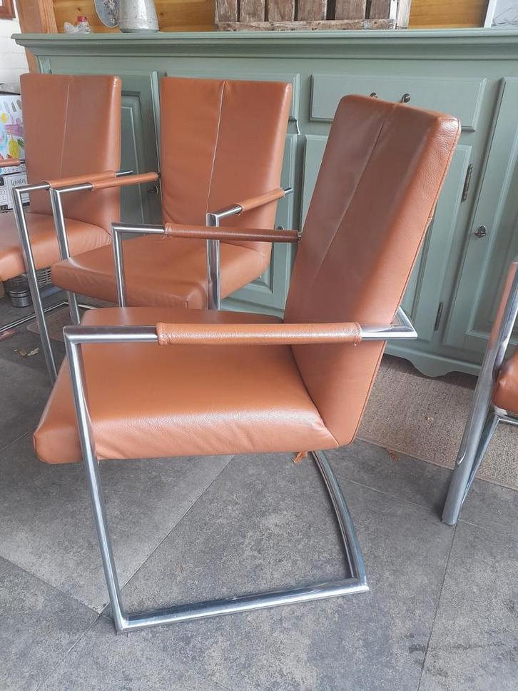 Leren Eetkamerstoelen, Huis en Inrichting, Stoelen, Gebruikt, Vier, Leer, Metaal, Bruin, Ophalen of Verzenden