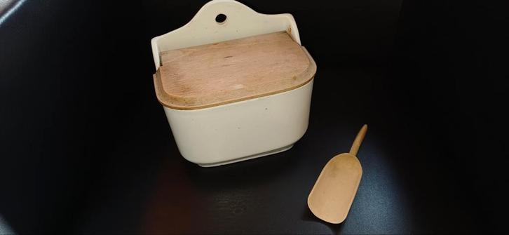 Vintage Zoutpot met Houten Deksel & Schepje, Huis en Inrichting, Keuken | Keukenbenodigdheden, Gebruikt, Ophalen of Verzenden
