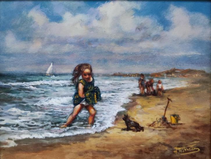 J.W. van Trirum (1924 - 2011) - Meisje aan het strand, Antiek en Kunst, Kunst | Schilderijen | Klassiek, Ophalen of Verzenden