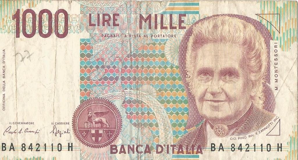 Italiaans bankbiljet – 1000 Lire (Montessori-editie), Postzegels en Munten, Bankbiljetten | Europa | Niet-Eurobiljetten, Ophalen of Verzenden