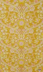 9874 groovy hippie bloemenbehang in okergeel jaren 70 swiet, Huis en Inrichting, Ophalen of Verzenden, 75 m² of meer, Roze