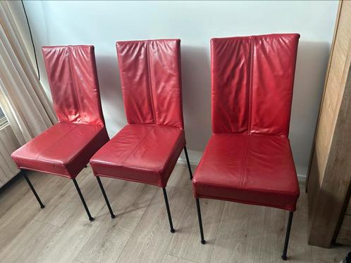 6 rode leren eettafelstoelen HVS, Huis en Inrichting, Stoelen, Gebruikt, Vijf, Zes of meer stoelen, Leer, Rood, Ophalen of Verzenden