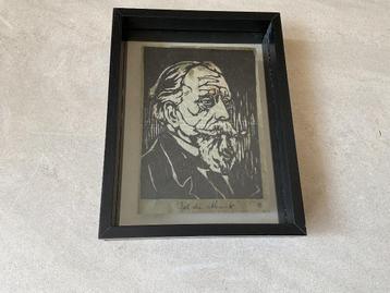 Antieke houtsnede portret van Pol Mont gemonogrammeerd  beschikbaar voor biedingen
