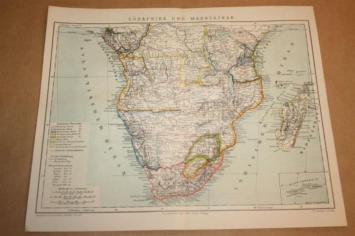 Antieke kaart - Zuid-Afrika en Madagaskar - Circa 1885 !!, Boeken, Atlassen en Landkaarten, Gelezen, Landkaart, Wereld, 1800 tot 2000