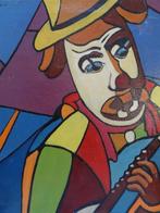 Kleurrijk kubistisch schilderij clown met fluit Tersteeg '50, Antiek en Kunst, Kunst | Schilderijen | Klassiek, Verzenden