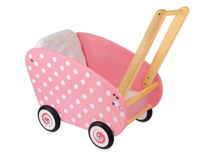 Houten poppenwagen roze met witte stippen, Kinderen en Baby's, Speelgoed | Houten speelgoed, Nieuw, Rij- of Hobbelspeelgoed, Ophalen of Verzenden