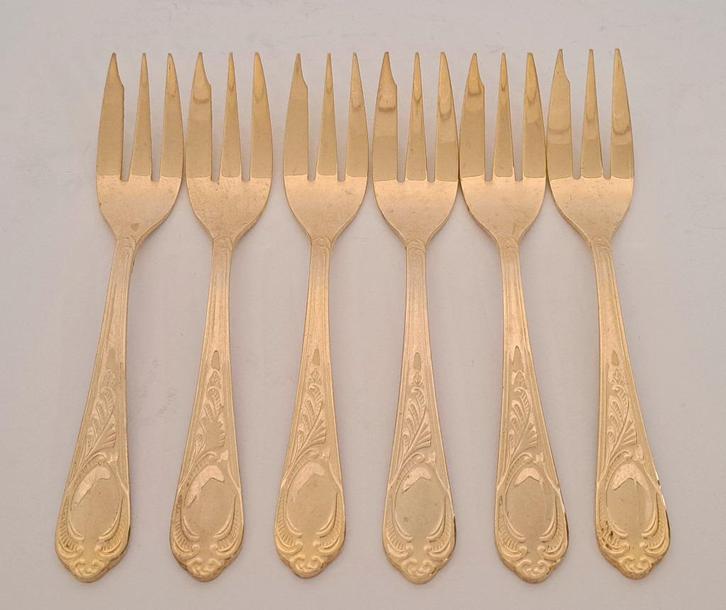 6x Taartvorkjes - 23/24 karaat goud verguld - model Wien, Huis en Inrichting, Keuken | Bestek, Zo goed als nieuw, Los bestek, Overige materialen