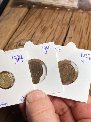 Zilveren 10 cent 1937, 1 cent 1927 en 1 cent 1941.