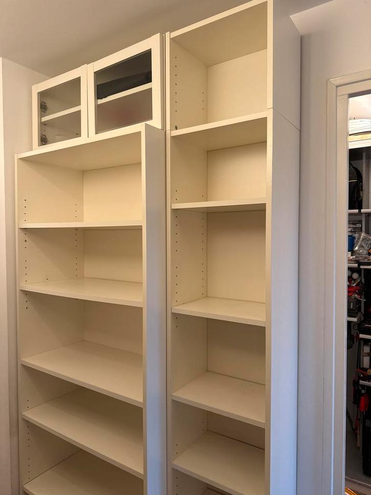 Twee IKEA Billy Boekenkasten met Bovenkasten, Huis en Inrichting, Kasten | Boekenkasten, Gebruikt, 100 tot 150 cm, 200 cm of meer