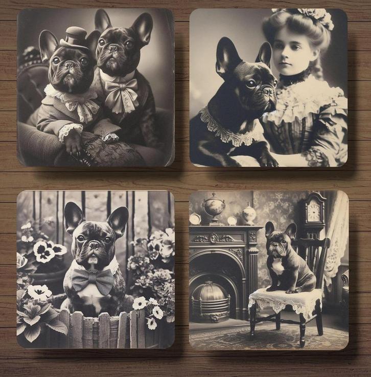 Franse Bulldog Victoriaanse onderzetters met houder, Huis en Inrichting, Woonaccessoires | Onderzetters, Nieuw, Glas of Kopje