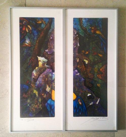 2-luik, vogels in oerwoud '96 - Rob Clous, geb. 1940 Haarlem, Antiek en Kunst, Kunst | Schilderijen | Klassiek, Ophalen of Verzenden