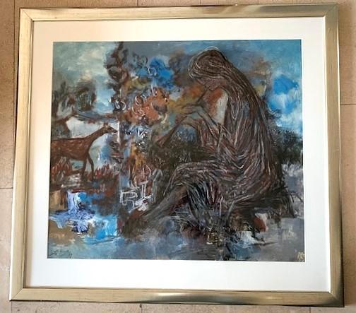 Fluitspelende vrouw in Hof '87 - Jelle Hoogstra 1924-2003, Antiek en Kunst, Kunst | Schilderijen | Klassiek, Ophalen