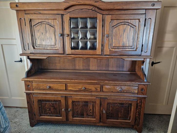 Houten buffetkast met glas, Huis en Inrichting, Kasten | Buffetkasten, Gebruikt, 150 tot 200 cm, 150 tot 200 cm, 25 tot 50 cm