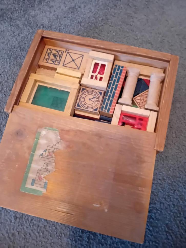 Houten Bouwblokken in Doos - Vintage Speelgoed, Verzamelen, Speelgoed, Gebruikt, Ophalen of Verzenden