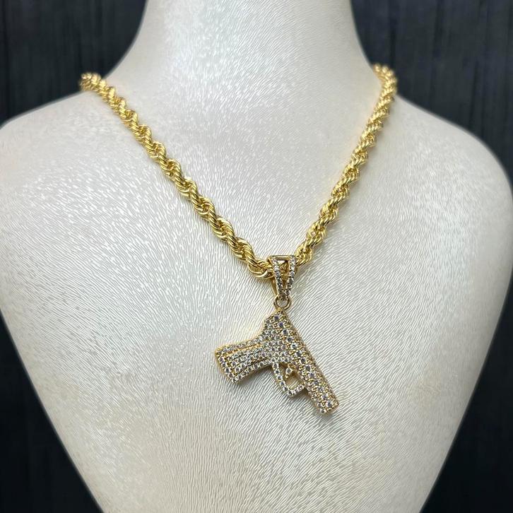 14k gouden ketting rope met pistool hanger, Sieraden, Tassen en Uiterlijk, Kettingen, Nieuw, Goud, Ophalen of Verzenden