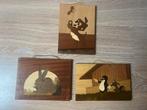 Vintage  3 aparte houten ingelegde schilderijtjes., Ophalen of Verzenden, Zo goed als nieuw, Schilderij, Minder dan 50 cm