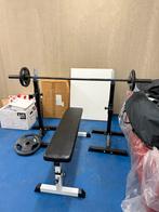 Halterbank met squat steunen en halterstang, Ophalen, Gebruikt, Halterset