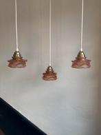 Vintage set 3 roze roos mat glazen hanglamp bloem sier, Ophalen of Verzenden, Zo goed als nieuw, Glas, Minder dan 50 cm