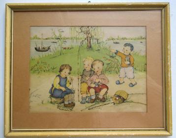 Chinese tekening Vissende kinderen~Antieke Tekening ~Houte beschikbaar voor biedingen