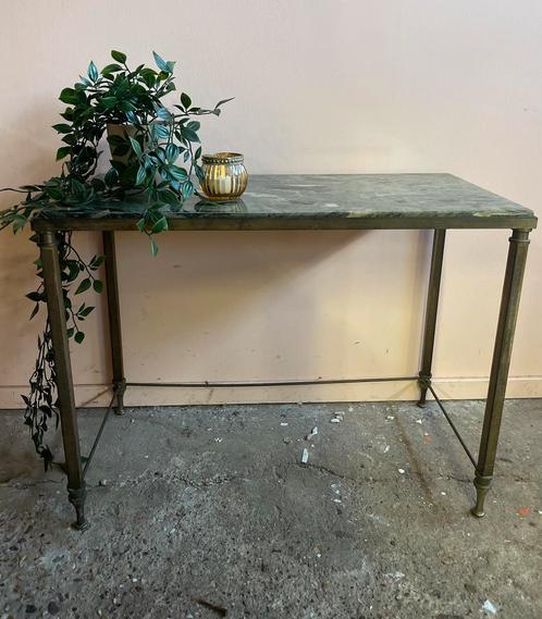 Vintage tafeltje messing groen marmeren blad, Huis en Inrichting, Tafels | Salontafels, Gebruikt, Minder dan 50 cm, Minder dan 50 cm