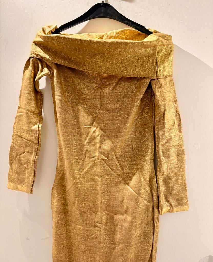 Feestjurk lange jurk goud Kerst Nieuwjaar off shoulder L, Overige typen, Overige kleuren, Maat 42/44 (L), Nieuw