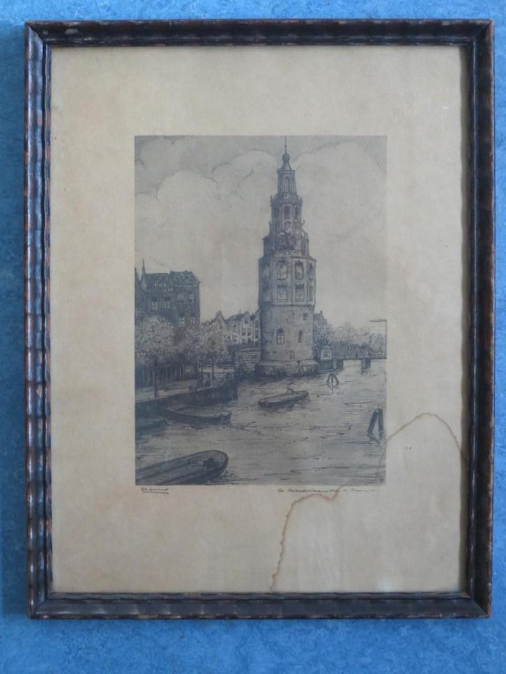 Vintage ets van de Montelbaanstoren te Amsterdam, Antiek en Kunst, Kunst | Etsen en Gravures, Ophalen of Verzenden