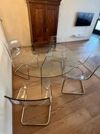 Glazen eettafel met 4 kunststof stoelen, Huis en Inrichting, Tafels | Eettafels, Ophalen, Rond, Vier personen, Glas