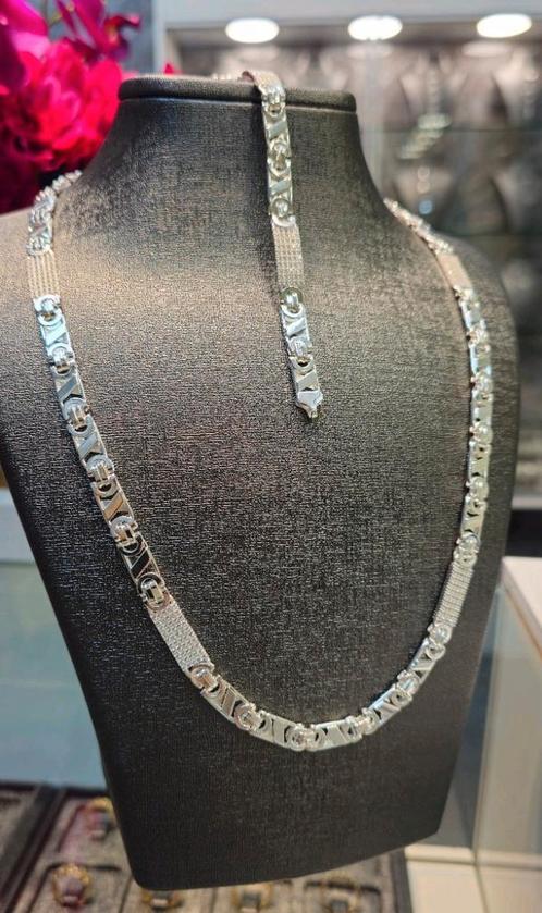 Prachtuge platte Koningsketting set zilver 925, Sieraden, Tassen en Uiterlijk, Kettingen, Nieuw, Zilver, Zilver, Ophalen of Verzenden