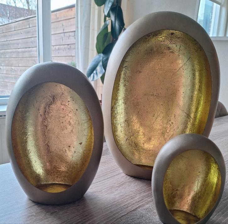 Set van 3 Ovale  gouden  decoratieve kandelaars, Huis en Inrichting, Woonaccessoires | Kandelaars en Kaarsen, Gebruikt, Kandelaar