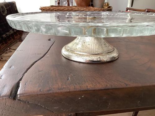 Antiek kristallen taartplateau op silverplated voet, Antiek en Kunst, Antiek | Glas en Kristal, Ophalen of Verzenden