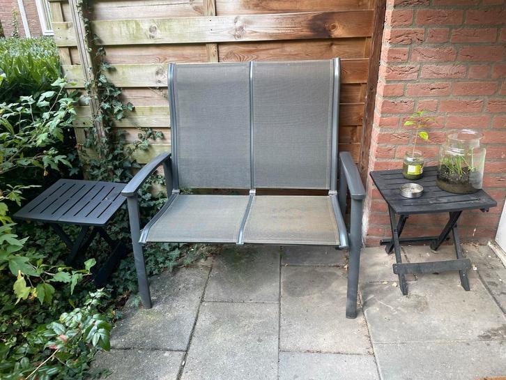 Bankje met 2 tafeltjes - Tuinset, Tuin en Terras, Tuinbanken, Gebruikt, Metaal, Ophalen