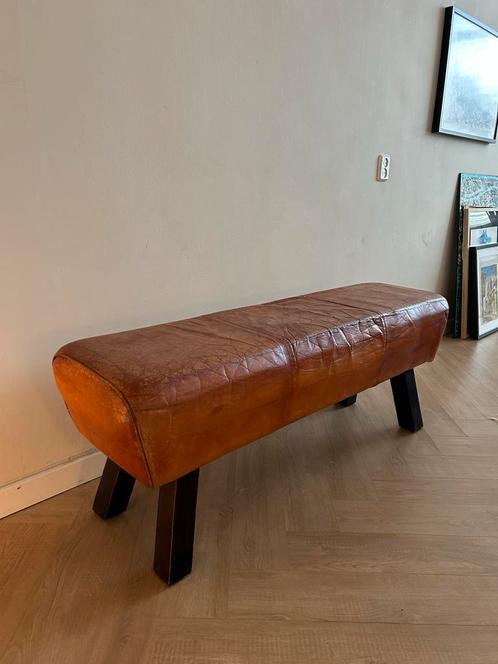 leren hocker / bankje (cognac), Huis en Inrichting, Stoelen, Gebruikt, Eén, Hout, Bruin, Ophalen