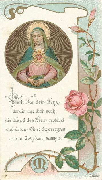 Mooi oud devotieprentje H. Hart van Maria met roos beschikbaar voor biedingen