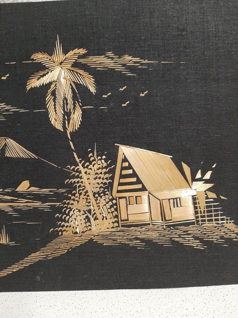 2 oosterse schilderijtjes op zwart canvas doek., Huis en Inrichting, Woonaccessoires | Schilderijen, Tekeningen en Foto's, Ophalen of Verzenden