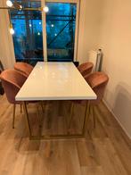 Witte hoogglans eettafel met gouden poten, Kunststof, Gebruikt, 200 cm of meer, Vijf personen of meer