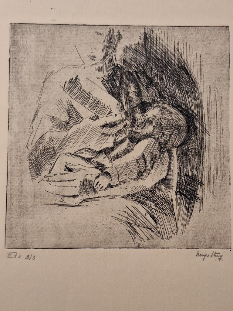 Ets Moeder en zogend Kind onduidelijk Gesigneerd, Antiek en Kunst, Kunst | Etsen en Gravures, Ophalen of Verzenden